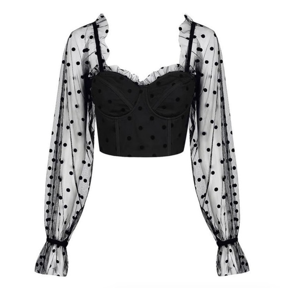RNWY Sheer Polka Dot Crop Bustier Corset back zip Top | Chloe in Black Spot - Picture 3 of 11